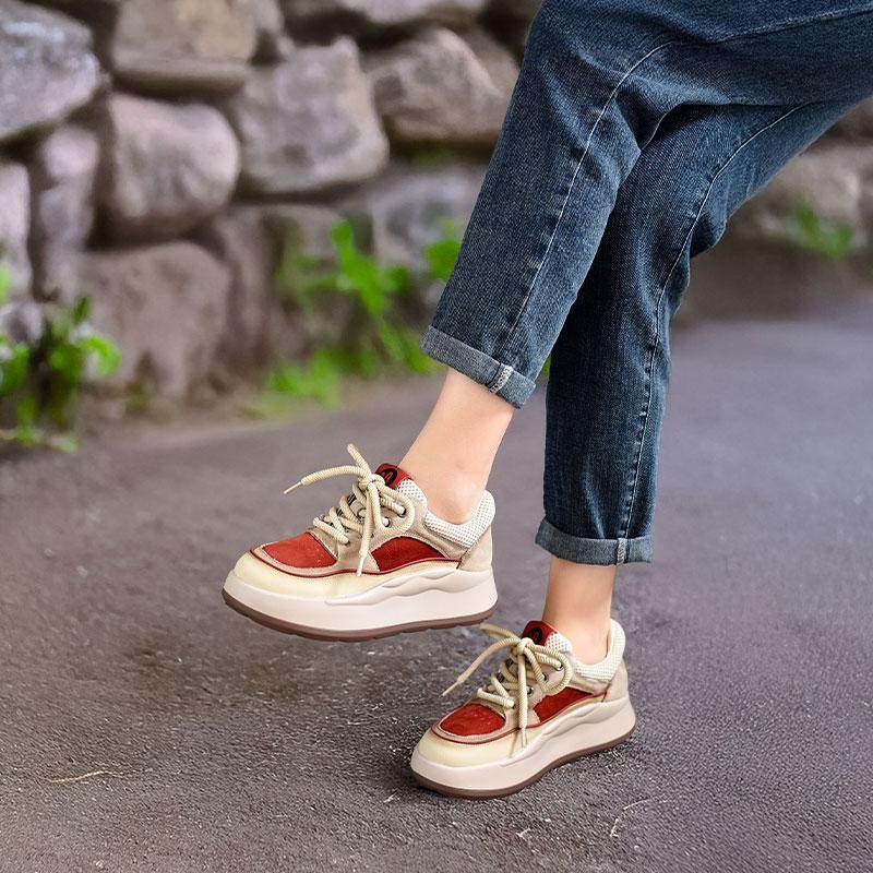 四起哥2026春秋新款头层牛皮复古拼色运动厚底休闲女鞋真皮气质鞋