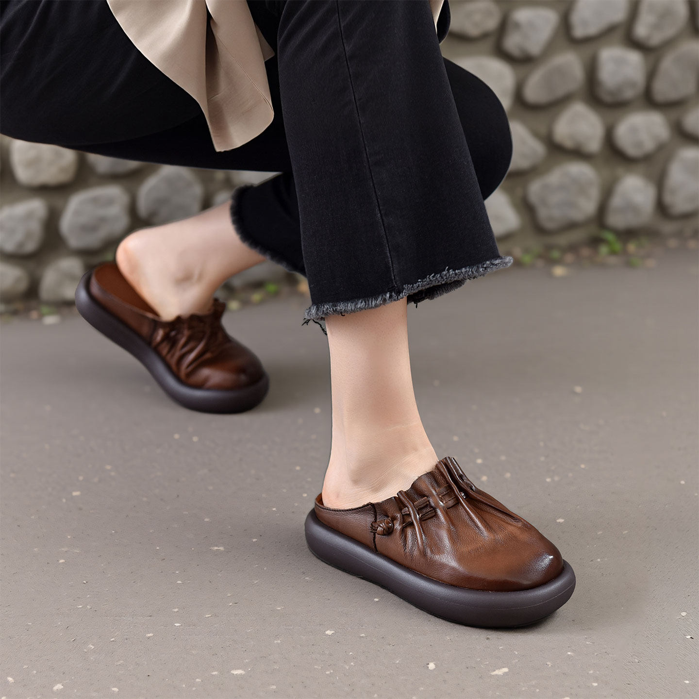 四起哥2026春款头层牛皮复古风真皮包头拖鞋女厚底穿半拖鞋穆勒鞋