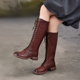 四起哥2026秋冬新款 头层牛皮粗跟高筒靴女手工轻奢真皮长靴马丁靴