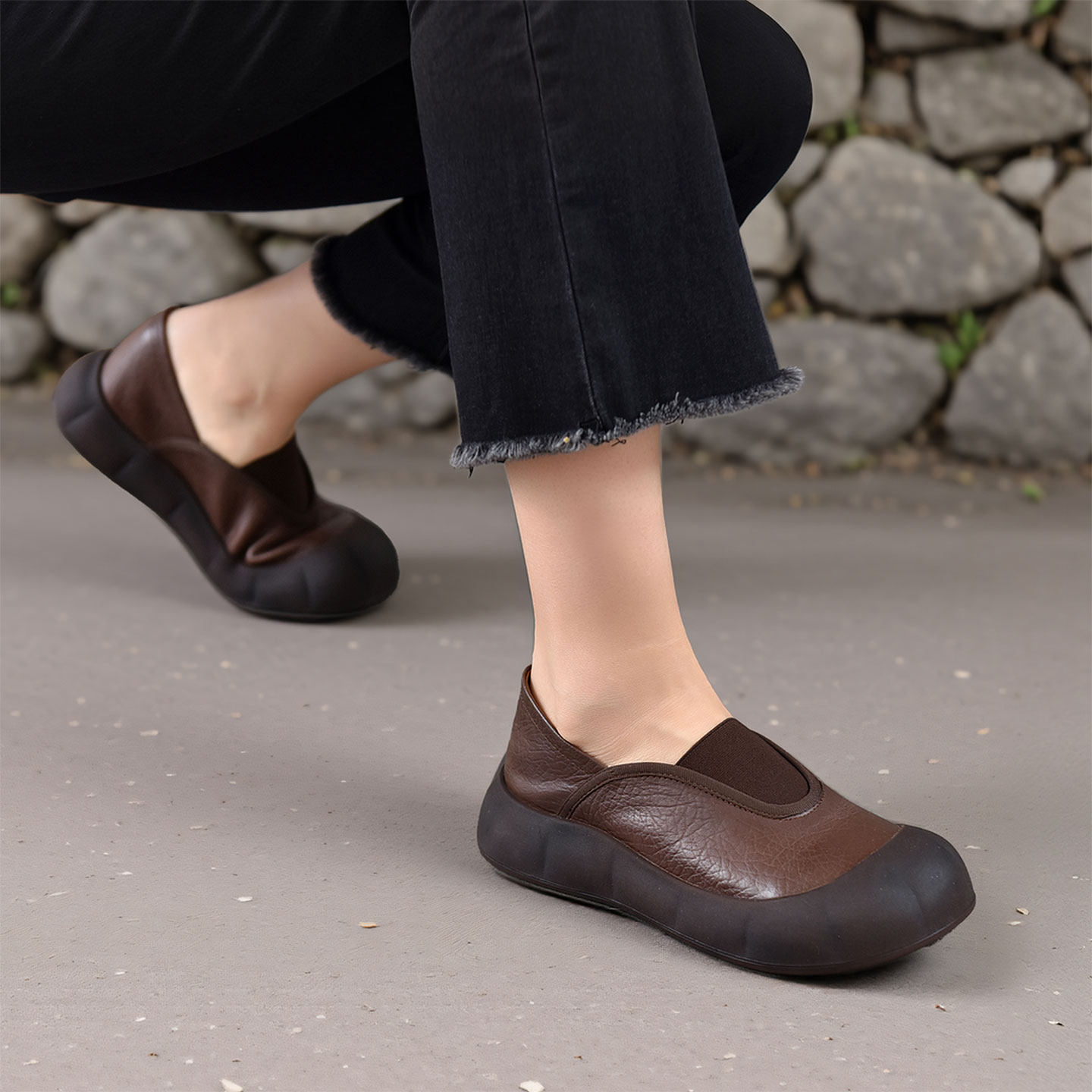 四起哥2026春头层牛皮复古风软皮一脚蹬乐福鞋女丑萌大头休闲单鞋