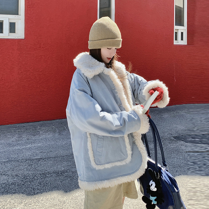 潮牌学院风短款拼接羊羔毛棉服女