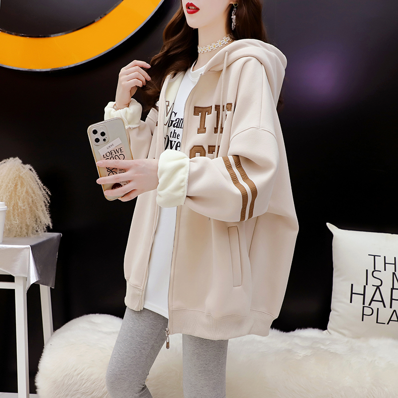 加绒加厚连帽卫衣开衫设计感外套