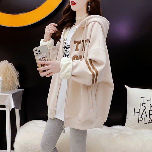 加绒加厚连帽卫衣开衫设计感外套