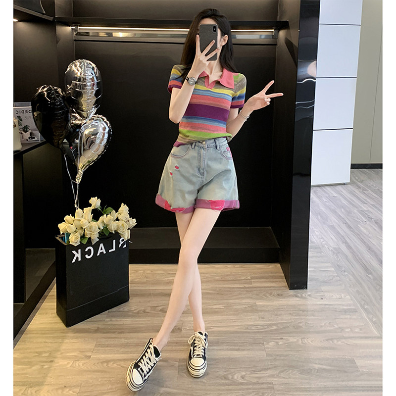 彩虹上衣牛仔短裤两件套装