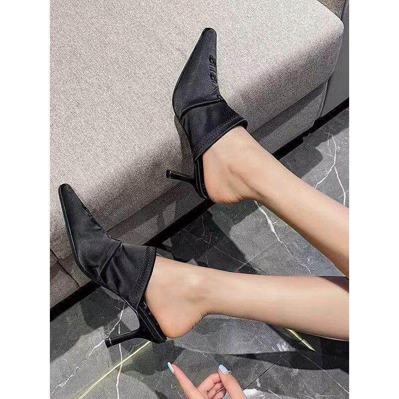 新款高级感黑色穆勒拖鞋夏季高跟鞋绸缎尖头方头性感包头凉鞋气质