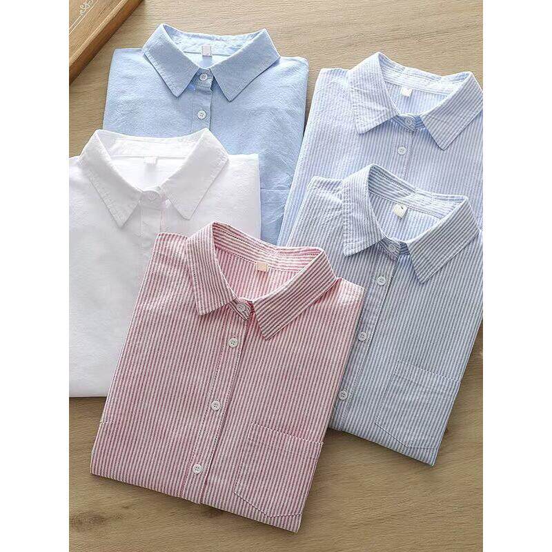 轻奢韩范文艺小清新竖条纹宽松牛津纺韩版衬衫女长袖打底衫内搭潮