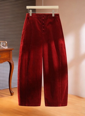 红色灯芯绒裤子女士2025秋冬弯刀裤加厚好看妈妈直筒美式运动卫裤