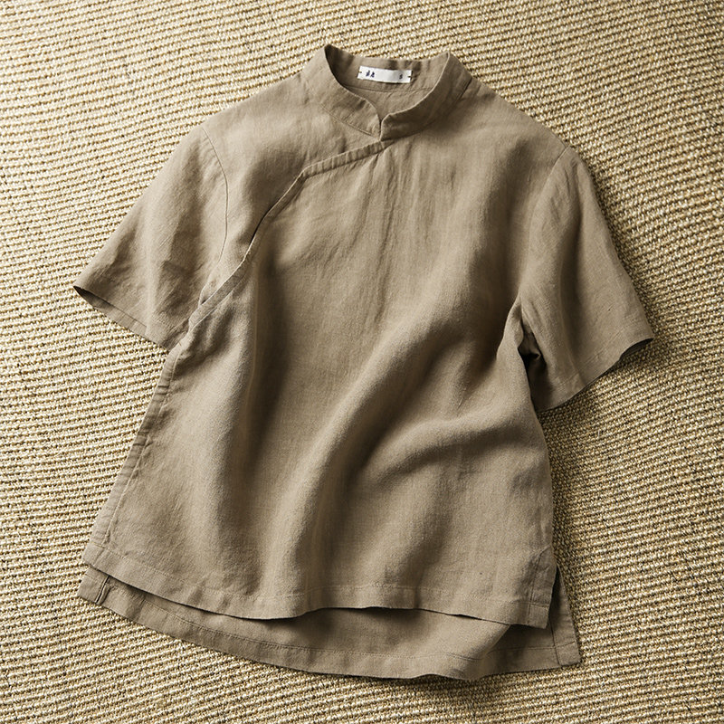 立领茶服衬衣显瘦棉麻上衣薄