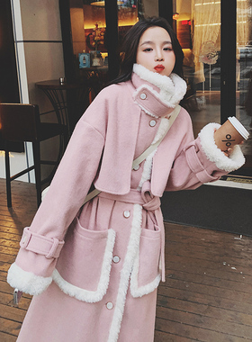 潮牌羊羔毛加厚毛呢大衣女士冬季