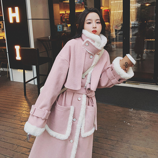 潮牌精仿羊羔毛加厚毛呢大衣女士冬季新款中长款过膝韩版呢子外套