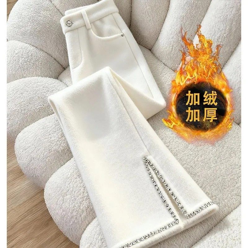 轻奢加绒加厚白色阔腿裤女冬季高级感水钻装饰休闲裤梨形身材显瘦,女装/女士精品,休闲裤,淘宝优惠券,粉丝福利购,淘宝优惠卷