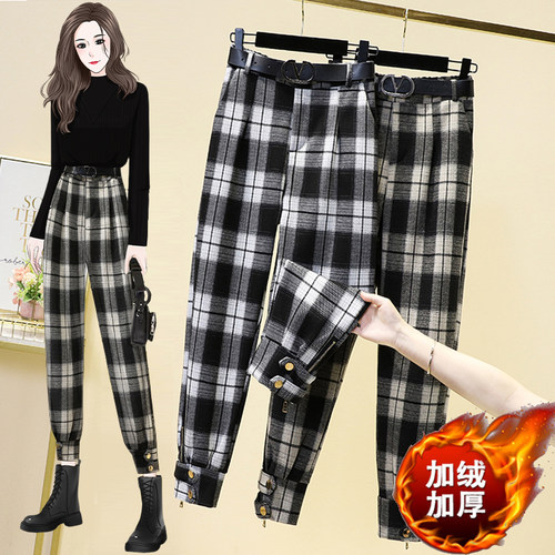 秋冬新款高腰休闲毛呢格子束脚裤