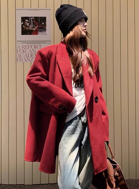 潮牌精仿红色羊羔毛呢外套女大衣