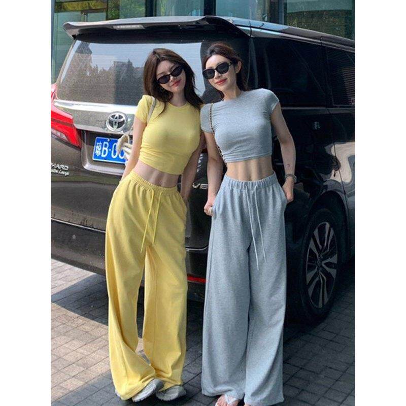 时尚休闲运动套装女夏季辣妹修身短款圆领短袖T恤阔腿长裤两件套