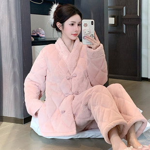 轻奢加厚珊瑚绒女款睡衣秋冬季新中式国风翻领家居服保暖夹棉设计