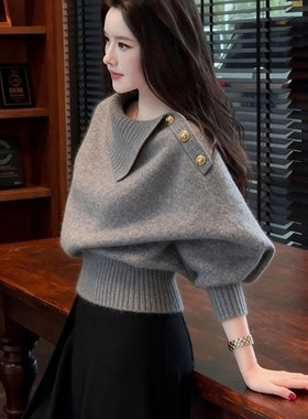法式气质灰色高领毛衣女秋冬季可外穿高级感独特漂亮短款围脖上衣