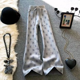 宽松长裤 新款 女秋冬季 轻奢水貂绒印花垂感直筒休闲灰色阔腿针织裤