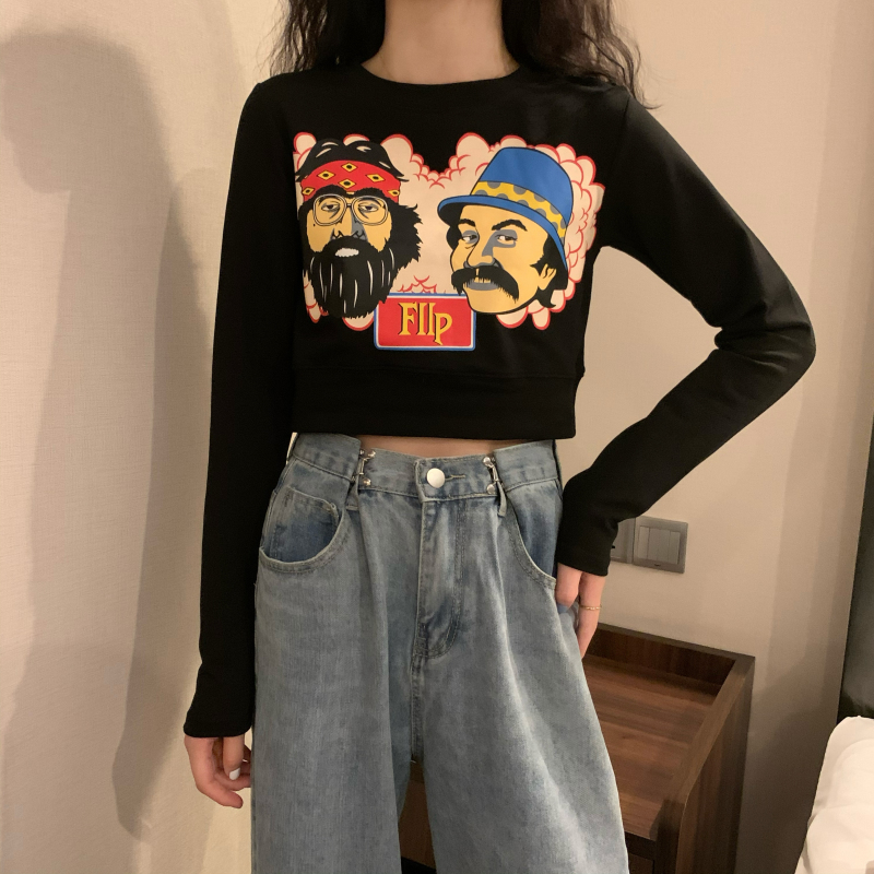 潮牌明星卡通风印花长袖t恤