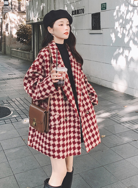 潮牌短款复古格子西装毛呢外套女