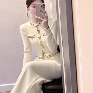 轻奢时尚春秋冬大方得体巨好看气质高级感白色针织上衣裤子套装女