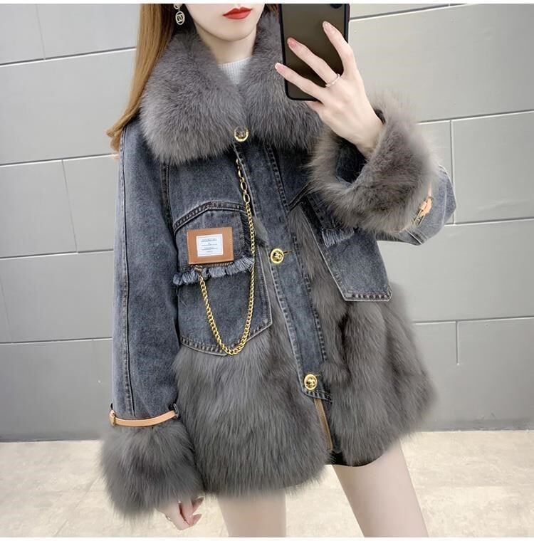 潮牌牛仔拼接仿狐狸毛派克羽绒棉服女装冬季中长款皮草外套上衣服