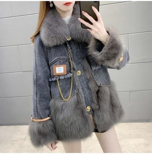 潮牌牛仔拼接仿狐狸毛派克羽绒棉服女装冬季中长款皮草外套上衣服