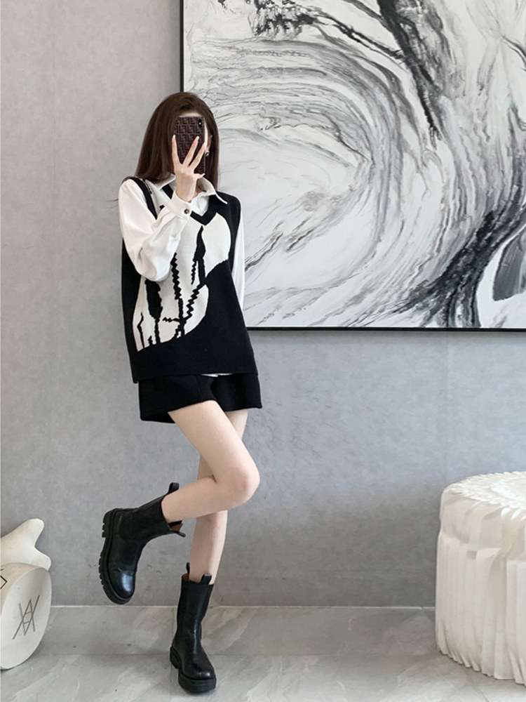 春秋季女款黑色针织毛衣马甲背心