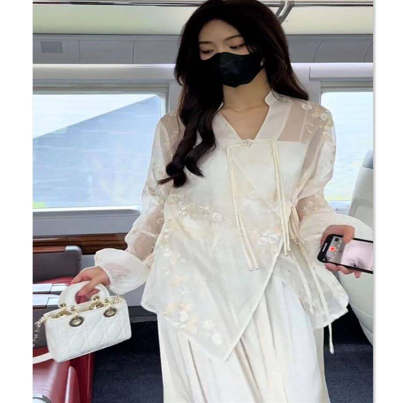 潮牌春夏时尚套装女新中式刺绣国风小个子盘扣上衣半身裙两件套潮