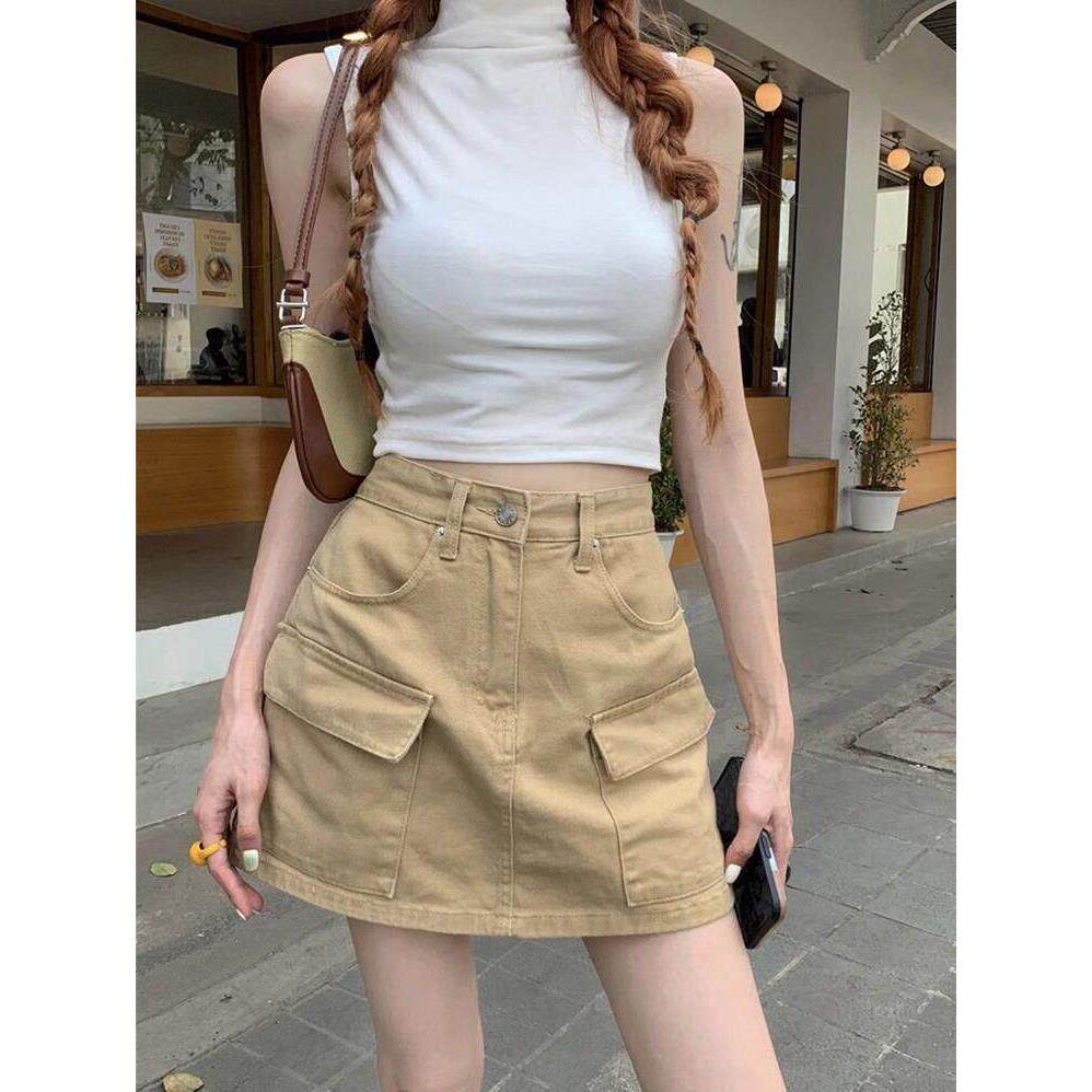 轻奢休闲高级感复古口袋工装牛仔短裙女夏季新款高腰A字半身裙子