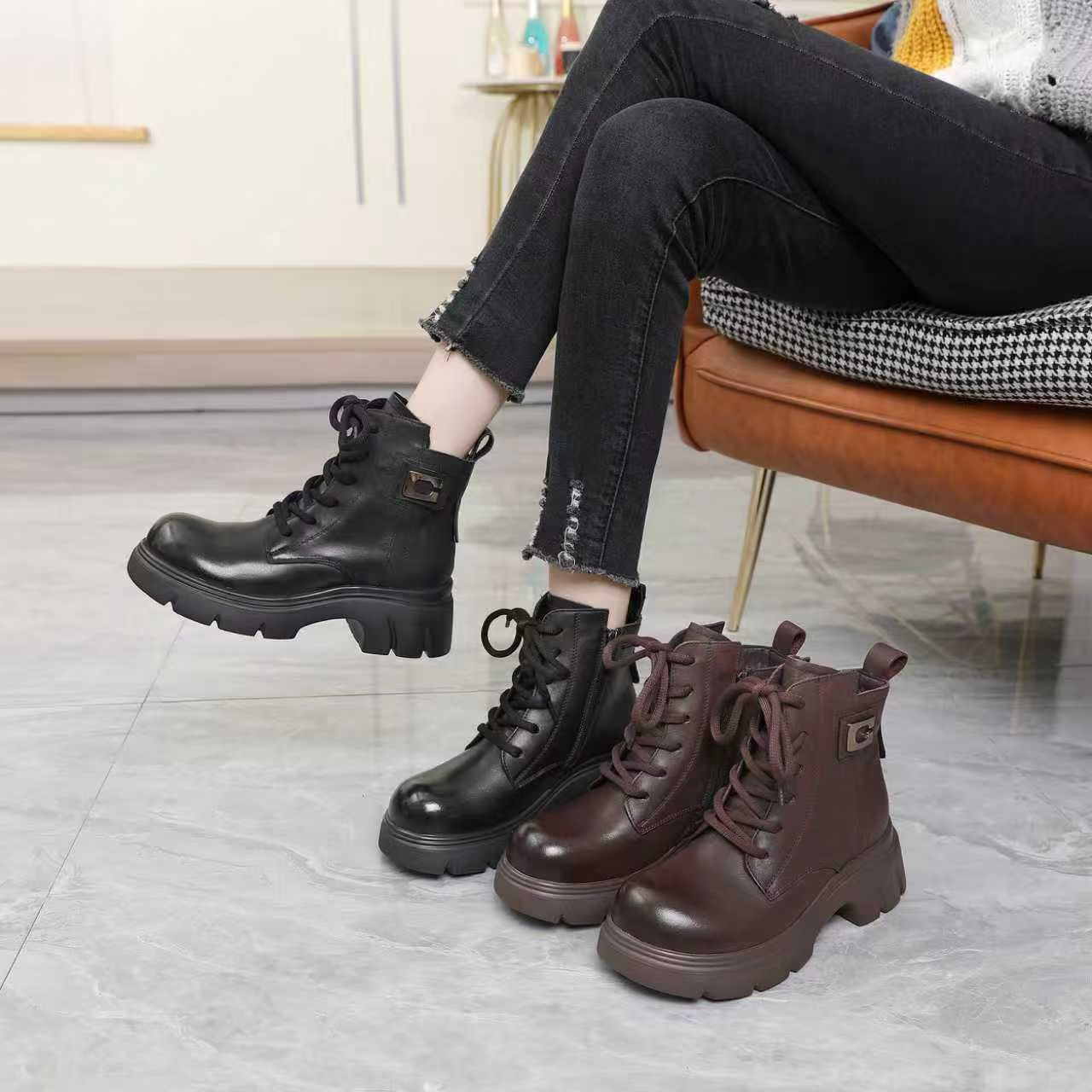 2025秋冬新款真皮休闲百搭厚底增高侧拉链英伦风马丁靴女短靴子