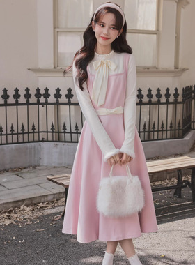 甜美可爱粉色少女气质收腰拼接连衣裙套装miu系穿搭斗篷两件套裙