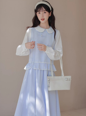 春季新款少女新中式套装清新甜美蓝色格子娃娃领上衣半身裙两件套