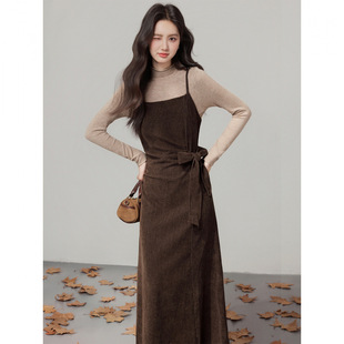 法式复古系带收腰一字领吊带裙女针织打底衫两件套2025秋冬款套装