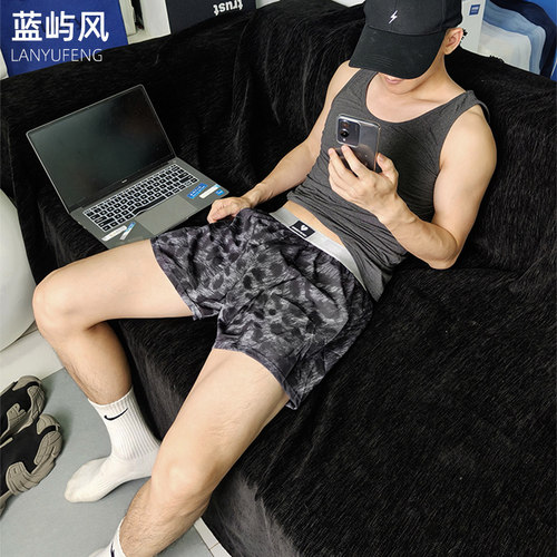 男士阿罗裤睡裤家居裤内裤男运动冰丝豹纹印花宽松透气舒适个性
