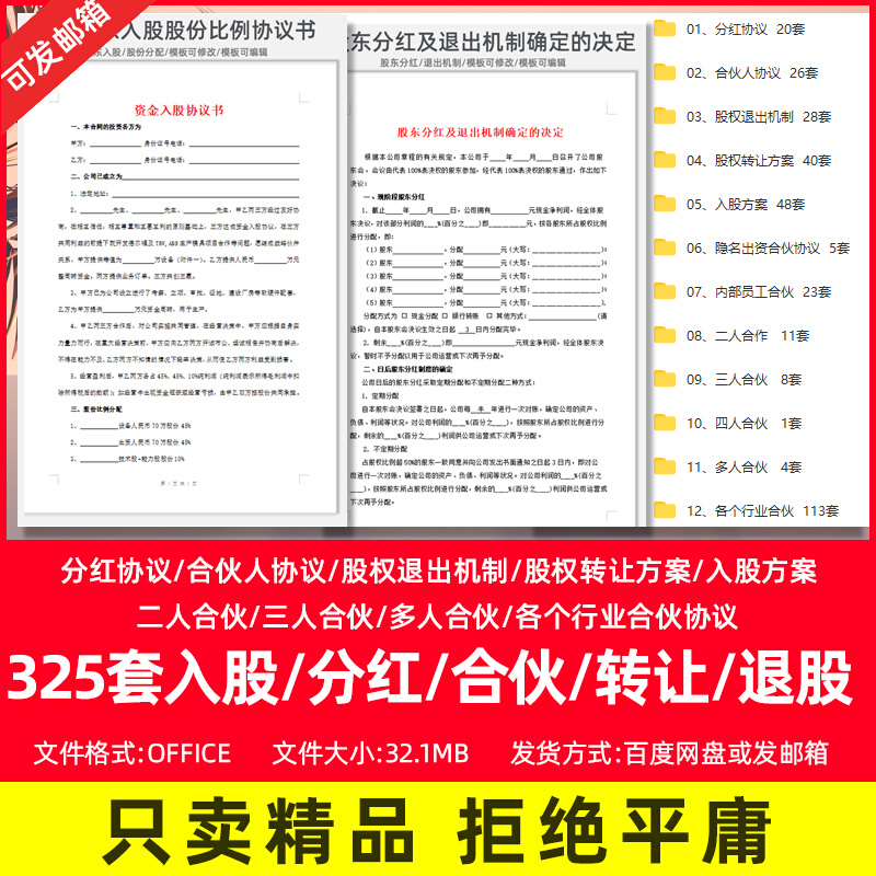 合伙人股权协议书入股/出资/退股/分红投资股权架构设计股东范本