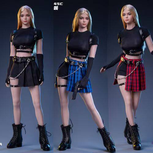 1/6女兵人服饰短袖衣百褶裙 潮流格子短裙人偶玩具模型衣服配件