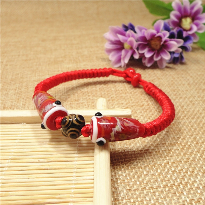 日式琉璃鲤鱼旗六眼天珠手链女属虎必胜七夕情侣款红色本命年红绳