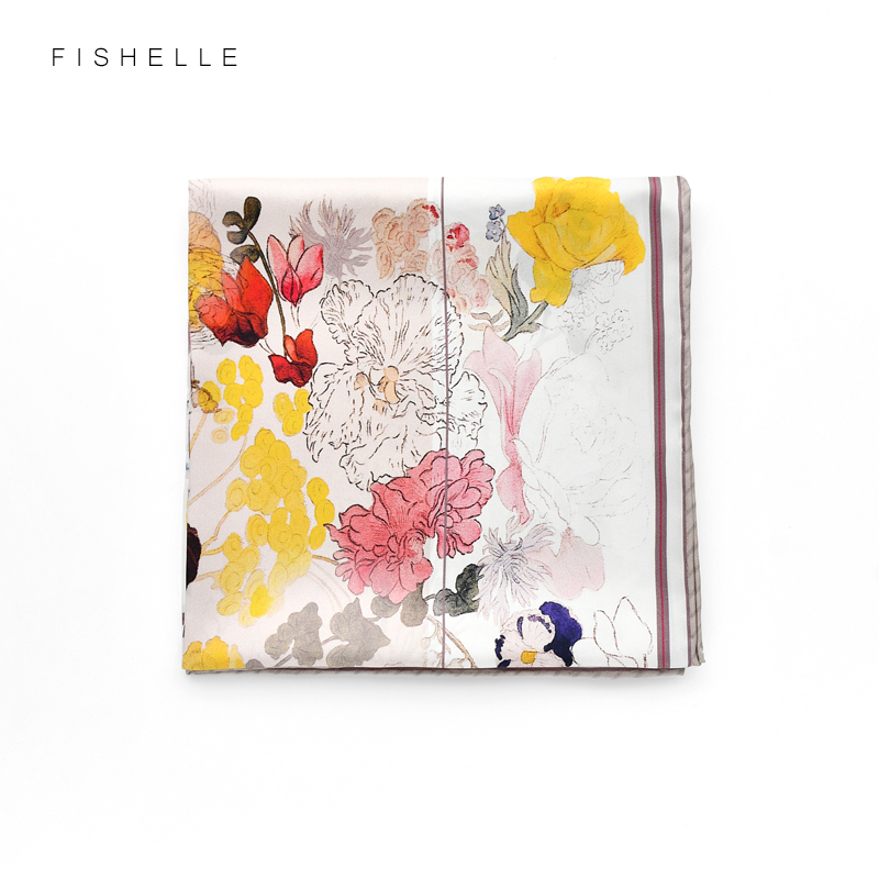 虞贝春秋手工卷边复古花真丝方巾