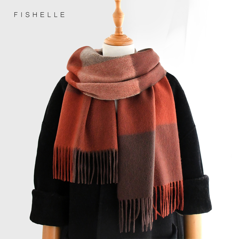 虞贝棕红格子女羊绒围巾礼盒装