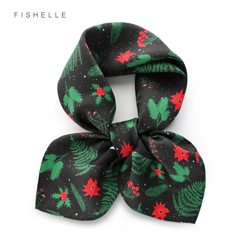 虞贝圣诞红花绿叶真丝斜纹小方巾