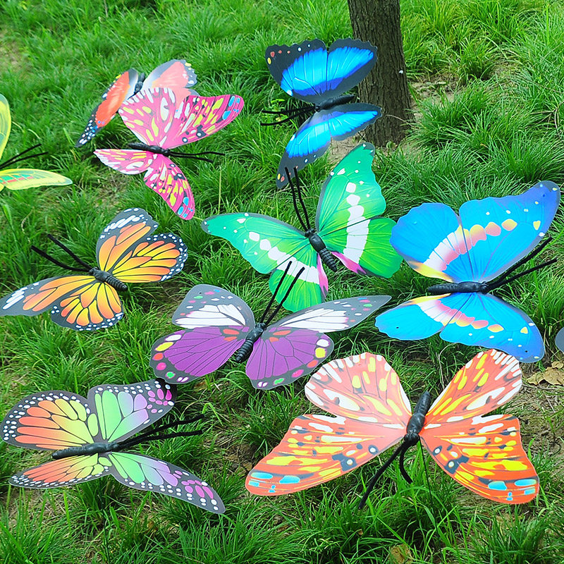 仿真蝴蝶草坪插杆鱼线空中吊挂40cm大号3d立体商场婚庆装饰带铁丝