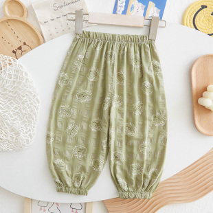 夏装 长裤 女童宝宝棉麻裤 小童夏季 子男童卡通绿色灯笼裤 儿童防蚊裤