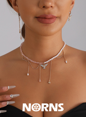 Norns欧美简约镶钻翅膀流苏项链凭借粉水晶米粒珍珠高贵串珠项饰