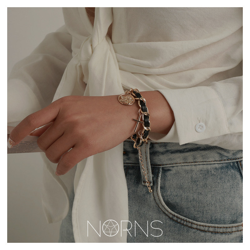 Norns韩版摇滚PU皮多元素十字架天使圆盘宝石手链粗链皮革手饰