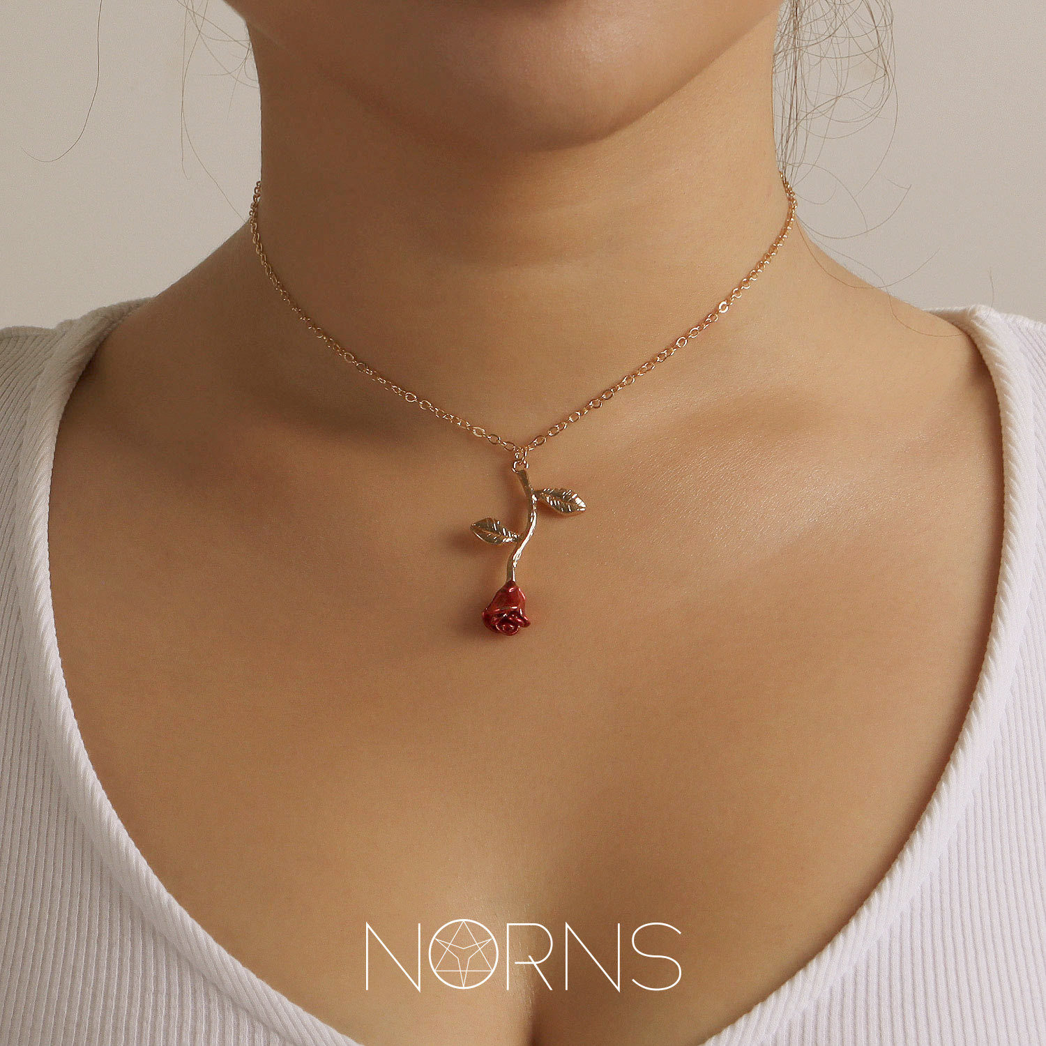 Norns欧美法式浪漫优雅立体红色玫瑰红吊坠简约合金项链锁骨链