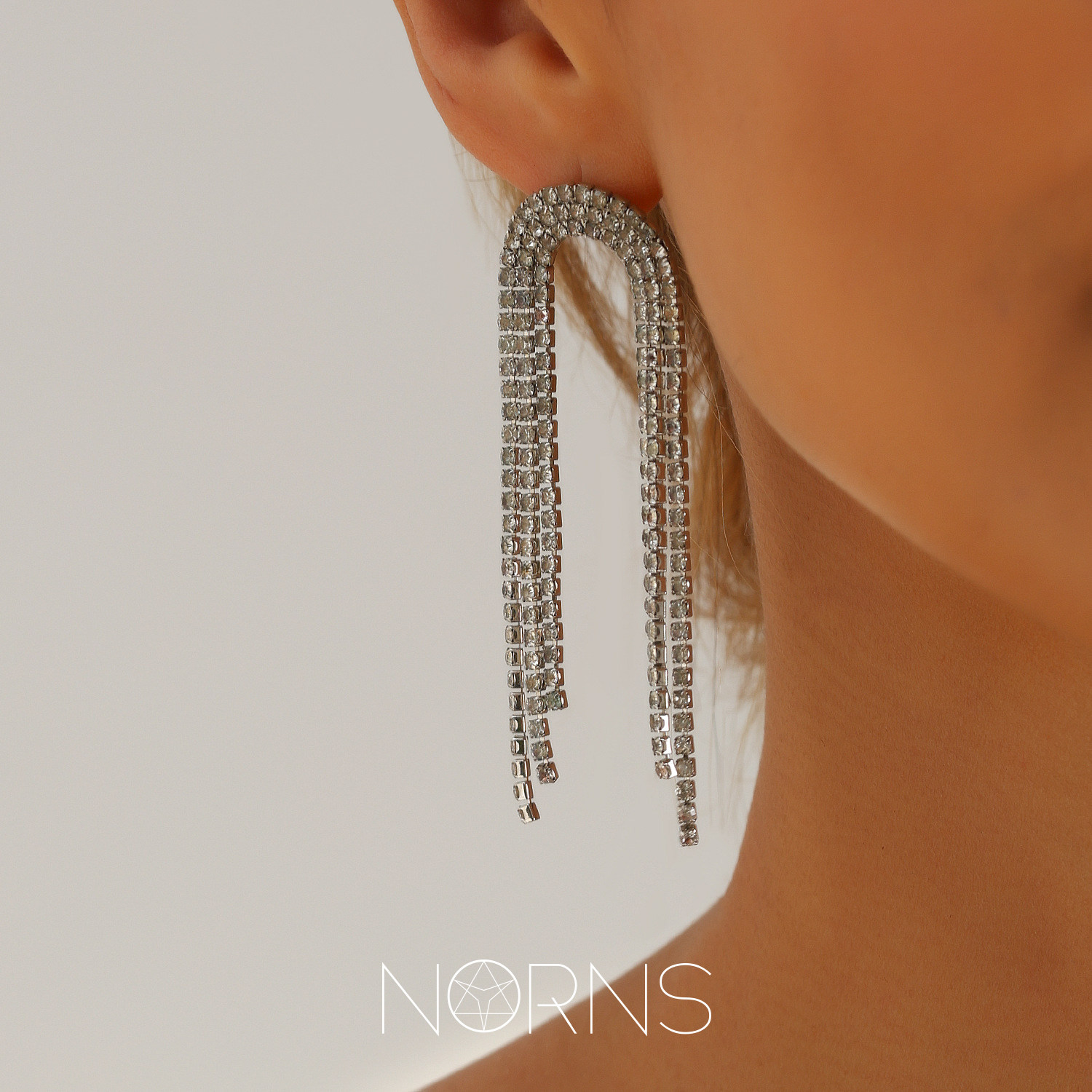 Norns欧美长款长链满钻链条水钻流苏层次耳钉夜店宴会耳环耳饰