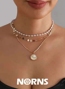 Norns欧美尚海贝珍珠几何形金属圆片项链百搭三层毛衣链necklace