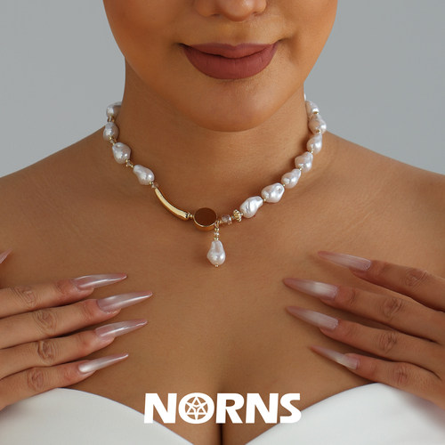 Norns欧美简约不对称时尚异形珍珠金属弯管项链个性Y型设计项饰