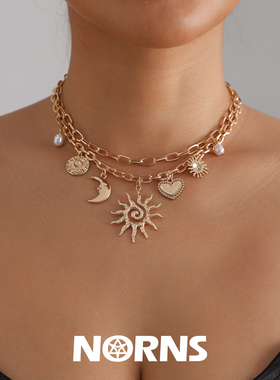 Norns欧美复古民族风太阳花项链女多元素月亮爱心金属双层项链