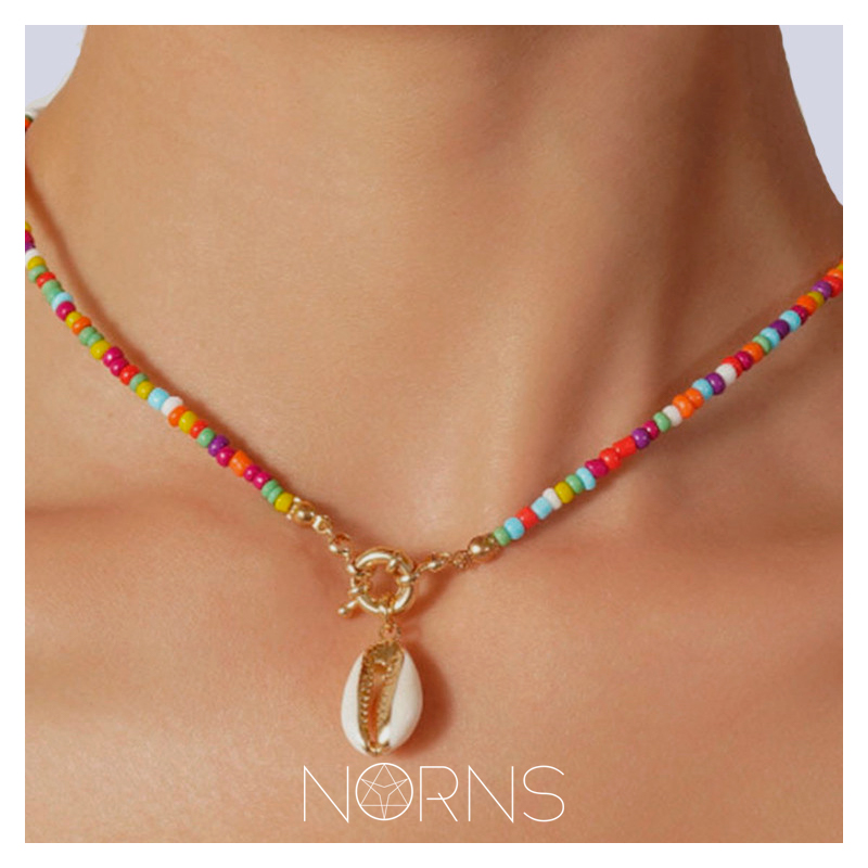 Norns波西米亚民族海边沙滩金属镶嵌贝壳吊坠彩色米珠船舵扣项链